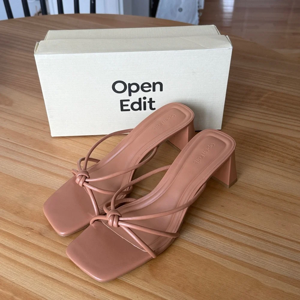 Open Edit Jamie Square Toe Block Heel Sandal in Tan in Cashew Tan NEW IN BOX!